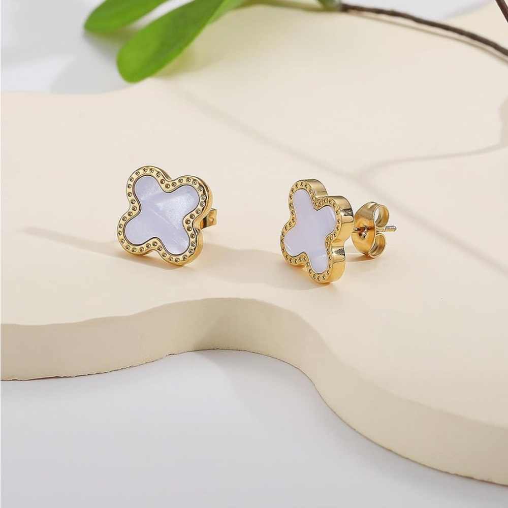 18k Gold plated and White Clover Stud Earrings